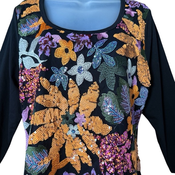 AZI New York Black Top L Sequin Beaded Embroidered Glam Party Evening Maximalist - Picture 3 of 8